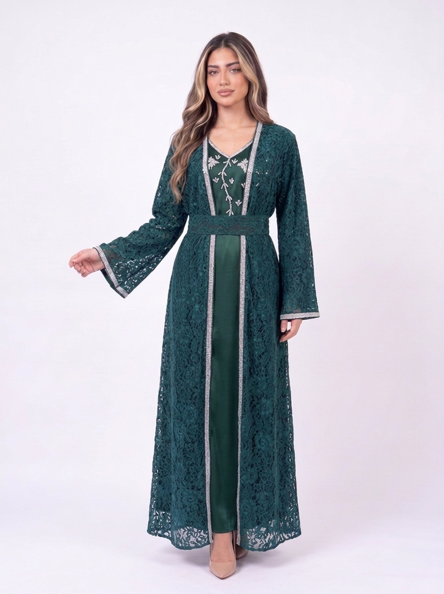 Fatin Kuftan Set in dark green – emerald lace overcoat with beaded satin dress
