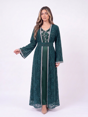Fatin Kuftan Set in dark green – emerald lace overcoat with beaded satin dress