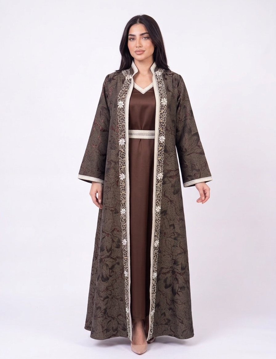 Noha Kuftan in brown – open jacquard coat with ivory beaded trim over satin V-neck dress
