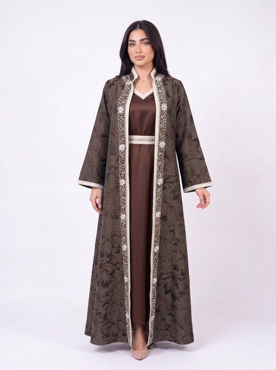 Noha Kuftan in brown – open jacquard coat with ivory beaded trim over satin V-neck dress