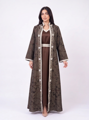 Noha Kuftan in brown – open jacquard coat with ivory beaded trim over satin V-neck dress