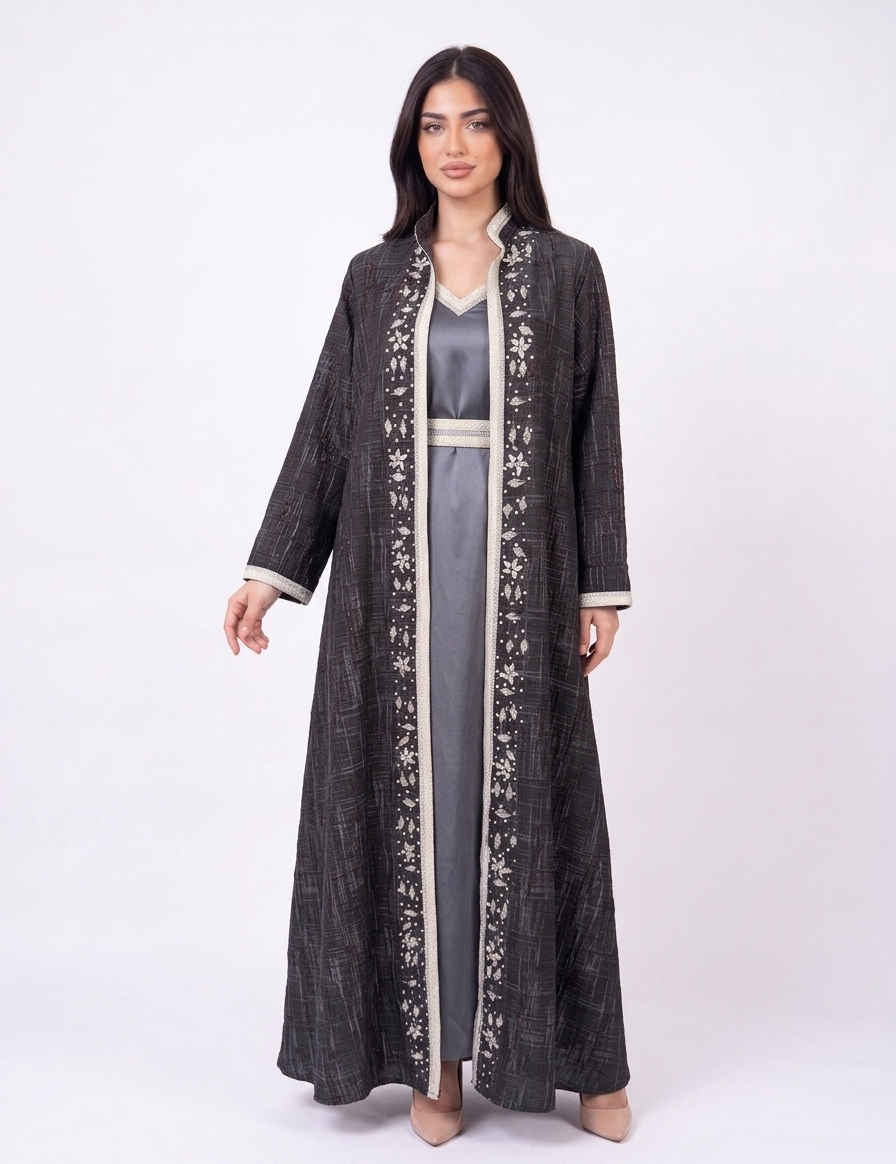 Hiba Kuftan in gray – open textured coat with silver beaded trim over satin V-neck dress